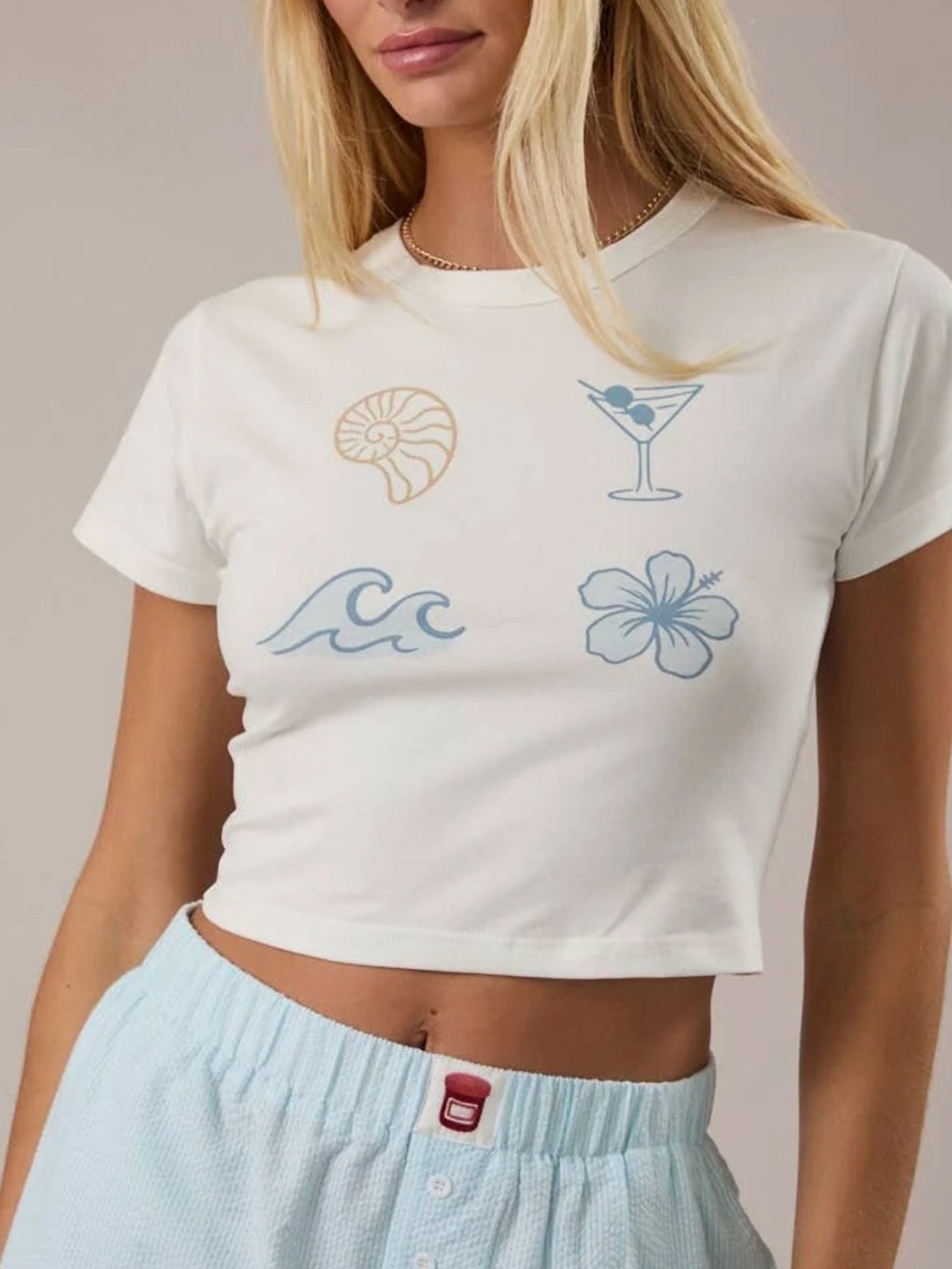 Women's White Graphic Tee with Beach Icons NWOT